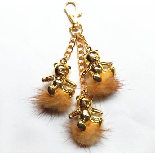New Mink Fur Pompon Key Chain Fluffy Cartoon Bear Key Ring Cute Golden Pendant Bag Charming Car Key Holder Personality Gifts