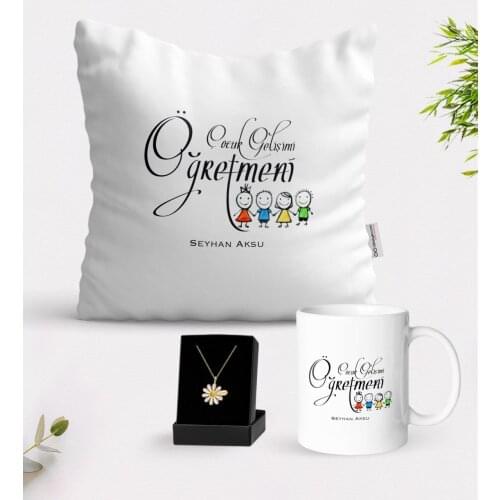 Personalized Child Development Teacher White Mug Cushion and Is Daisy Necklace Gift Seti-2