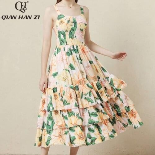 Qian Han Zi 2021 runway fashion summer dress Women Sexy Spaghetti Strap dress Flower print ruffle dress