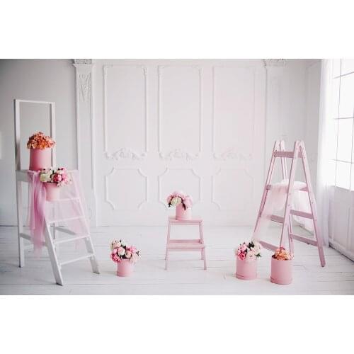 Christmas Backdrop Noel Kids Family Pink Metal Bucket Photo Backdrop Indoor White Background Studio Photography Banners Poster