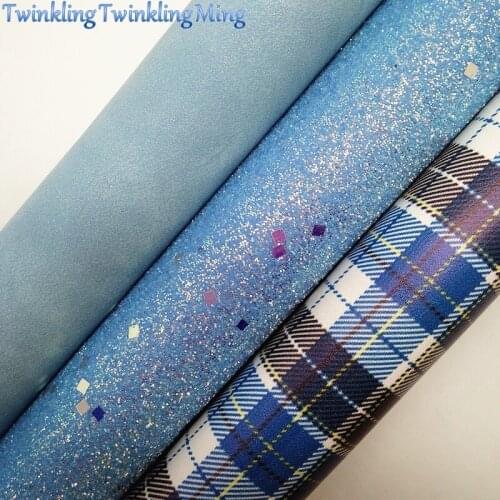 BLUE Glitter Fabric, Metallic Faux Fabric, Tartan Synthetic Leather Fabric Sheets For Bow A4 21x29CM Twinkling Ming XM832