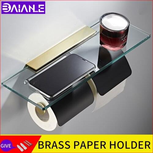 Bathroom glass roll holder wall brass double toilet paper holder with shelf phone shelves shower storage rack wc paper holder
