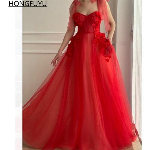 HONGFUYU Red Floor Length Sweetheart Prom Party Dresses robes de cocktail Handmade Flowers Formal Evening Dress with Crystals