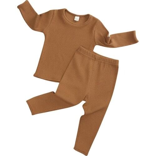 Spring and Autumn Childrens Pajamas Infants Solid Color Pits Threaded Home Service Suit Long-Sleeved Top Pants 2pcs Casual Wear