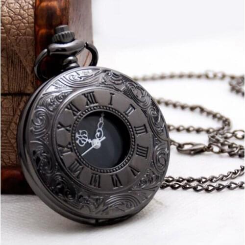 Vintage black Roman numerals Hollow out Fashion quartz Dual display Necklace pocket watches gift