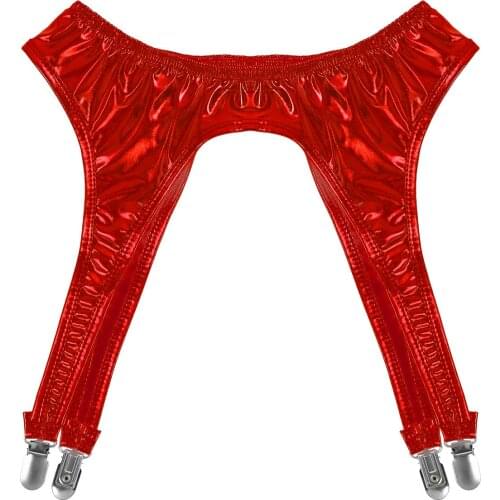 Womens Shiny Metallic Anti-Skid Garter Belt Four Metal Duck-Mouth Clips Suspender for Thigh High Stockings Holding Stockings