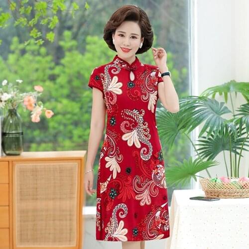 2021 Summer Women Floral Dress Cheongsam Style Short Sleeve Plus Sizes Lady Flower Dresses
