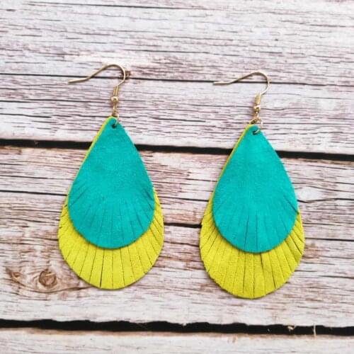 ZWPON Teal and Yellow Layered Leather Teardrop Earrings for Women Fashion Black White Leather Feather Earrings Jewelry Wholesale