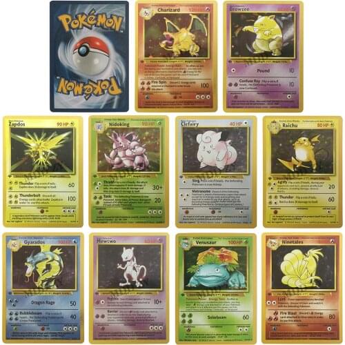 10Pcs+1 Pokemon Flash Cards 1996 First Edition Charizard Blastoise Venusaur Holographic Pokemon Cards Game Collection Cards Toys