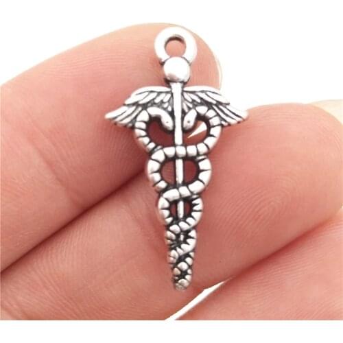 BULK 30pcs Lots Zinc Alloy Metal Medical Symbol Caduceus Charms Antique Silver Plated Nurse Doctor DIY Pendant 14*25mm 1.3g