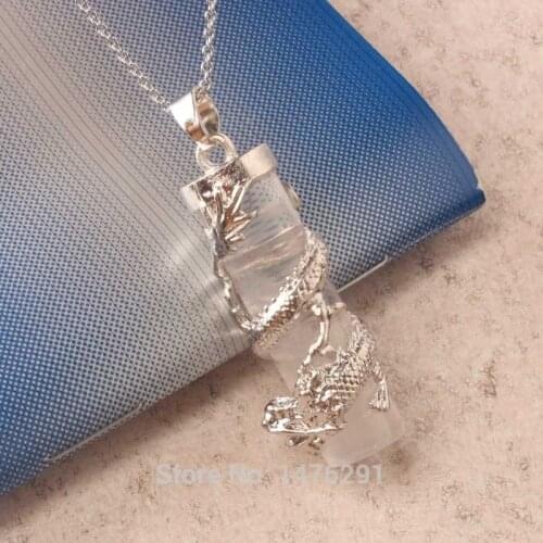 38X11MM Natural Clear Crystal Column Bead Inlaid Hollow Cutting Dragon Pendulum Pendant 1PCS