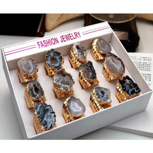 Big Gold Rim Vintage blue Purple Geode Crystal Flower Agates Stone Slice Adjust Open Hammered Ring Cuff for Woman Man Ring A3