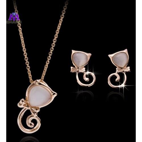 Hot Selling,Real Gold Plated Made With Semi-precious Stone Lovely Cat Opal Wedding Jewelry Earrings&Necklace Set For Women