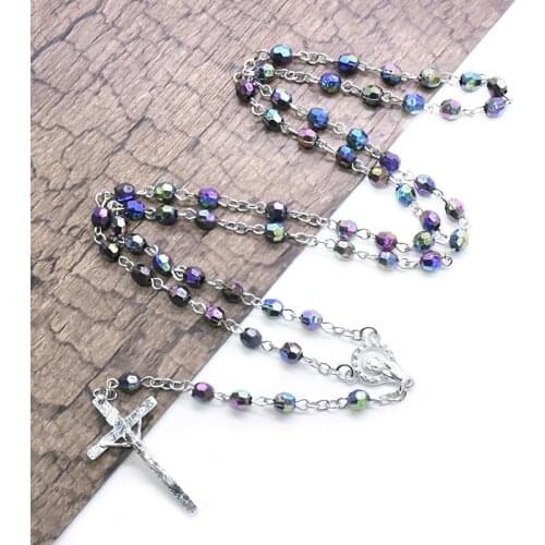 Church Colorful Acrylic Beads Rosaries Catholic Jesus Cross Pendants Necklaces for Men Virgin Mary Religious Prayer Jewelry