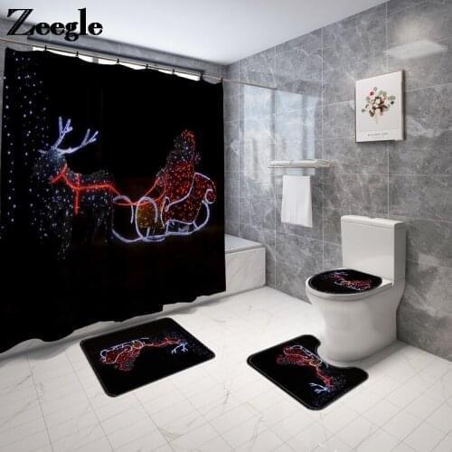 Elk Printing Bath Mat and Waterproof Shower Curtain Set Anti-slip Floor Carpet for Bathroom Toilet Seat Cover Mat Floor Mat
