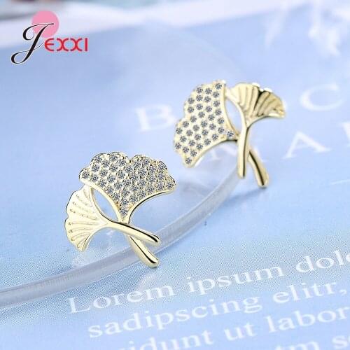 Minimalist 925 Sterling Silver Ginkgo Leaf Stud Earrings for Women Girl New Fashion Small Cubic Zircon Earring Jewelry Gifts