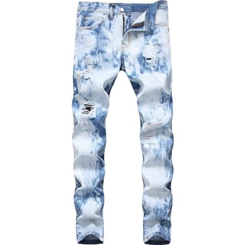 2021 New Mens light blue tie and dyed snow washed denim jeans Streetwear holes ripped slim straight pants Personality fashion