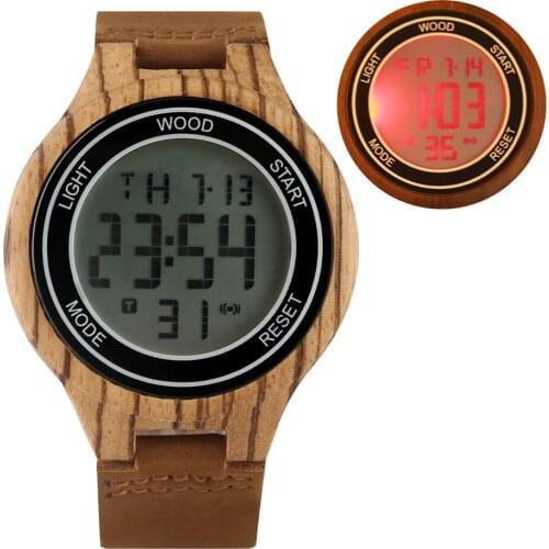 Mens Casual Wood Digital Watch Premium Leather Strap Unique Digital LED Display Delicate Large Ebony Wooden Case Wristwatch