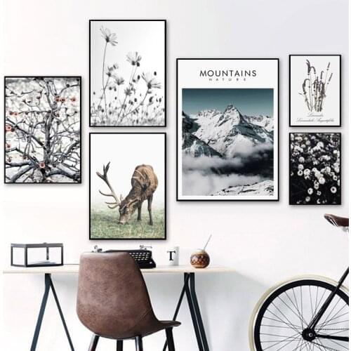 Nature Wall Art Landscape Canvas Poster Nordic Snow Mountain Print Painting Scandinavian Deer Flower Picture Home Decor