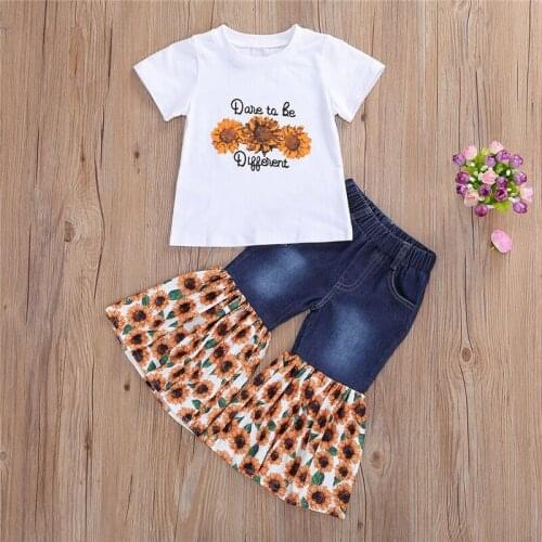 1-6Y Summer Fashion Toddler Kid Girls Clothes Sets 2pcs Sunflowers Letter Print Short Sleeve T Shirts Denim Flare Pants