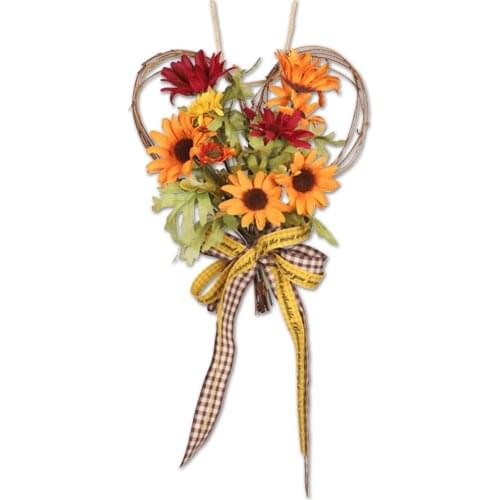 Autumn Simulation Sun Flower Pendant Heart-Shaped Bow Decor Wall Hanging Garland For Thanksgiving, Christmas, Home Decor, Hotel