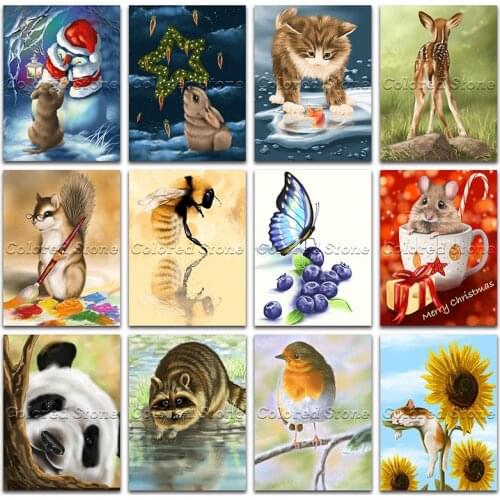 5D Full Square Diamond painting embroidery mosaic Cat rabbit deer squirrel bee butterfly mouse panda raccoon bird sunflower 409