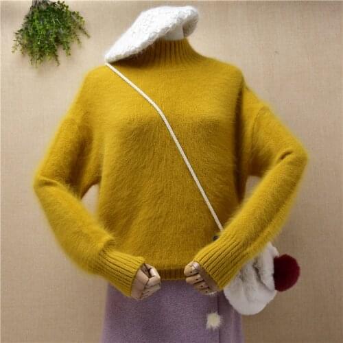 Ladies women fashion hairy angora rabbit fur knitwear turtleneck long sleeves loose pullover fall winter jumper sweater pull top