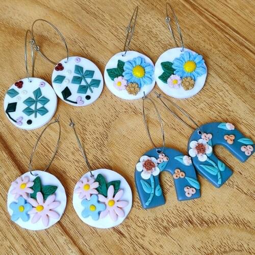 Handmade Polymer Clay Leaf Flower Pattern Circle Pendant Hoop Earrings for Women Boho Sweet Girl Jewelry Wholesale