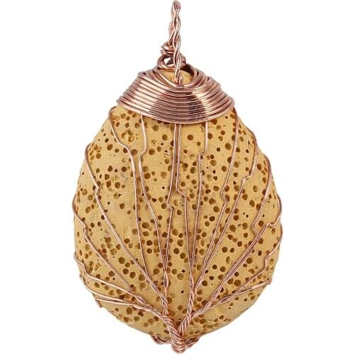 SUNYIK Copper Wire Wrapped Teardrop Yellow Lava Rock Stone Tree of Life Pendant for Necklace