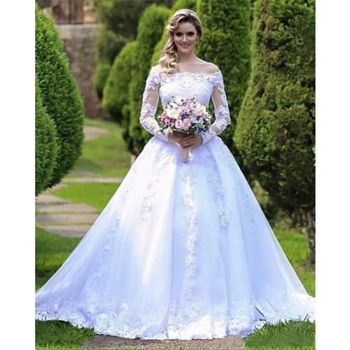 Wedding Dress Off The Shoulder Full Sleeve Elegant Boat Neck Boho Wedding Dress Luxury Ball Gown Wedding Gown 2021 Customize