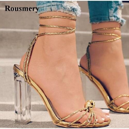 New Design Women Fashion Knotted Design Ankle Strap Transparent Thick Heel Sandals Lace-up Open Toe High Heel Sandals
