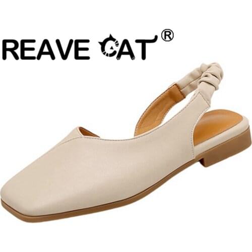 REAVE CAT 2021 Loafers Flats Elastic Band Square Toe Slingbacks Back Strap 2cm Chunky Heel Shoes US10 Black Beige Apricot A4201
