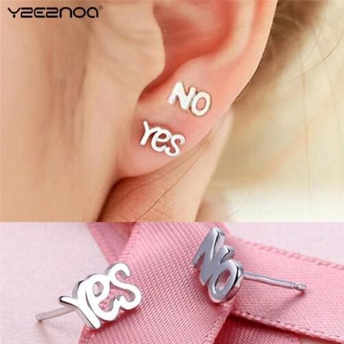 1 Pair Yes No Letters Stud Earring For Women Vintage Small Huggies Earings Fashion Jewelry Cheap Silver Color
