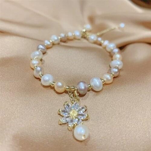 Korean Trendy Simple Shiny Zircon Flower Natural Freshwater Pearl Bracelet For Women Temperament Elegant Fashion Jewelry Gifts