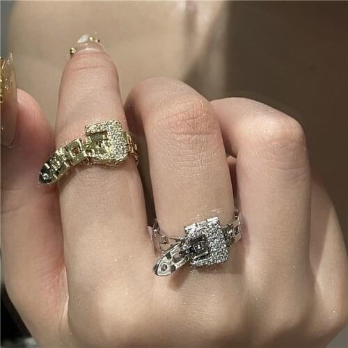 Minar Personality Sparkly CZ Zirconia Belt Rings for Women Brass Gold Adjustable Chunky Belted Finger Ring Sweet Cool Jewelry