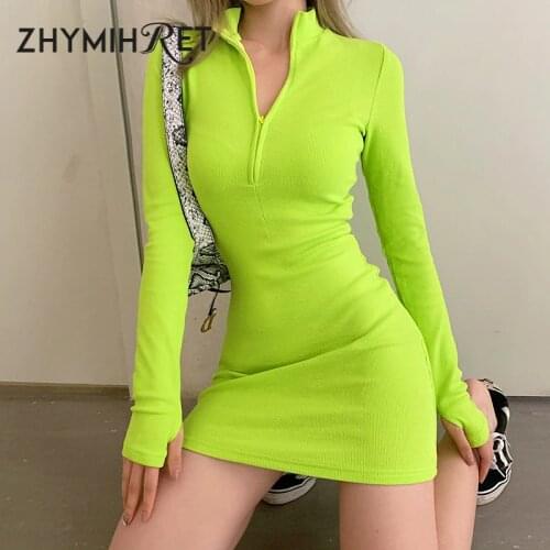 ZHYMIHRET 2019 Autumn Winter Neon Green Turtleneck Dress Women Zippers Gloved Full Sleeve Mini Dress Streetwear Ribbed Vestidos