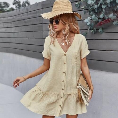 Spring New Solid Short Dress Women Nice Short Sleeve Casual V Neck Single Breasted Summer Dress Ladies Loose a Line Dresses