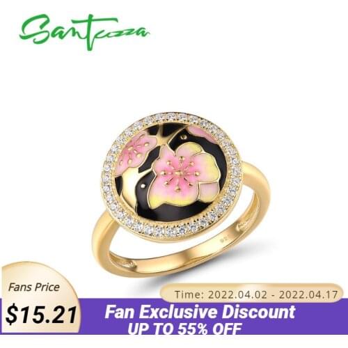SANTUZZA Silver Rings For Women Pure 925 Sterling Silver Black Pink Cherry blossoms Flower Trendy Fine Jewelry Handmade Enamel