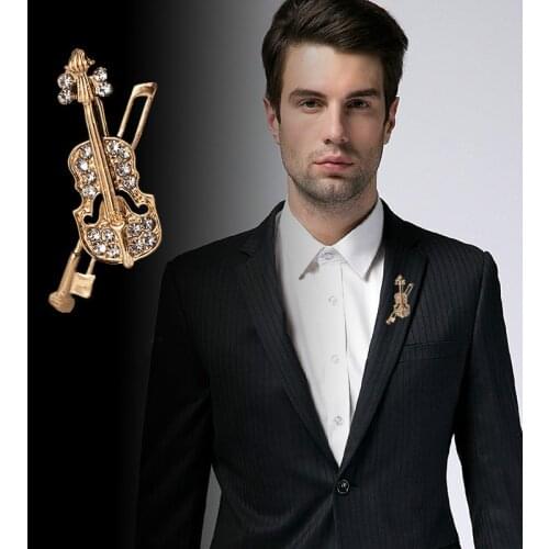 Korean Fashion Metal Crystal Violin Brooch Jewelry Luxury Music Equipment Classic Lapel Pins Gifts for Teacher Men Accessories