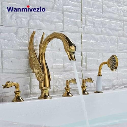 Golden Swan Bathtub Faucet Deck Mounted Bath Shower Set Brass Hand Shower Basin Mixer Tap Widespread Tub Sink Faucet Tub Mixer