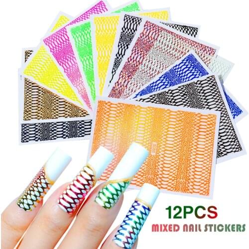 12Pc Nail Hollow Nail Sticker 3D Laser Glitter Sally Mesh Net Line Holographic Stencil Template Nails Decoration Nail Decals