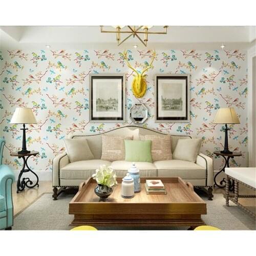 Beibehang Pastoral Nonwovens 3d Wallpaper Birds Butterfly Bedroom TV Background Restaurant Walking Wall paper New Chinese Style
