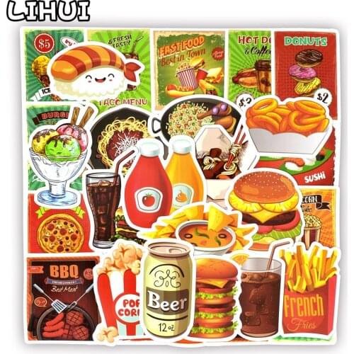 50 PCS Tasty Fast Food Stickers Toys for Children Hamburger Fries Pizza Decal Sticker Toy Gift to DIY Car Fridge Laptop Suitcase