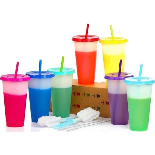 680ML 7pcs Colorful Plastic Cold Drinks Travel Tumbler with Lids Straws Reusable Good Sealing Straw Cup Outdoor Water Bottle