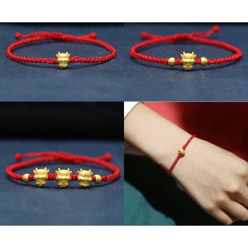 999 Real 24K Yellow Gold Woman Bracelet 3D Luck OX Bead Red Weave Bracelet / Best Gift