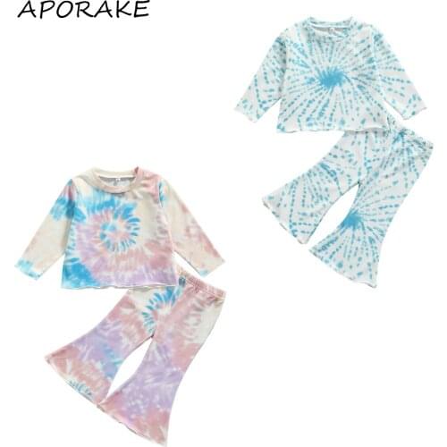 2021 1-6Y Autumn Kids Baby Girl Clothing Set Tie Dye Print Long Sleeve T-shirt Top+Flare Pants Sweet Spring Outfits 2pcs