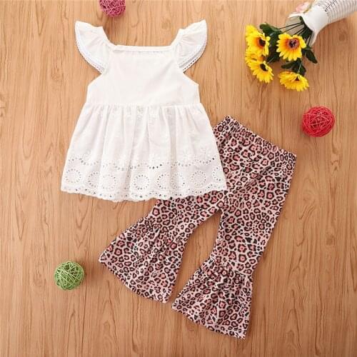 2 Pieces Kids Suit Set Solid Color O-Neck Fly Sleeve Tops Leopard Print Flared Trousers for Toddler Girls