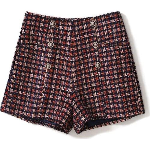DK0089 High waist New Checker Shorts in Spring and Autumn of 2021 Retro Chic Wool Bright Silk Broad legged