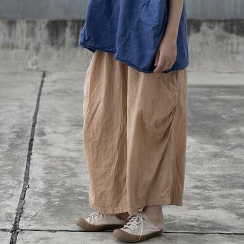 Johnature Women Vintage Cotton Linen Wide Leg Pants Original Solid Color Trouser 2021 Summer New Pockets Loose Casual Pants