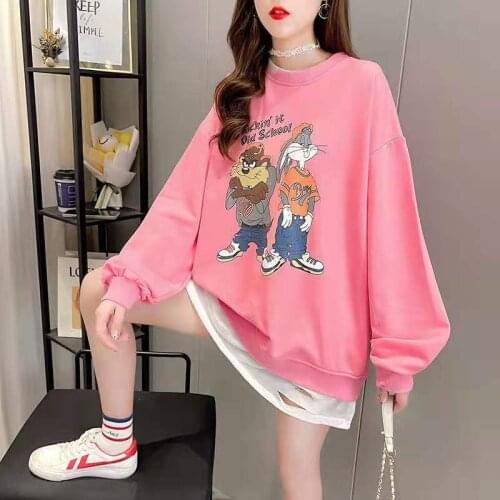 Kawaii Clothes Girls Kartoon Print Hoodies O-Neck Spring Autumn Womens Sweatshirt All-Match Pullover Long Sleeve Top Oversized